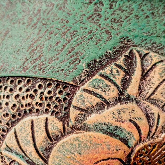 1980's Incised Turquoise Yellow Botanical Themed Hand-Thrown Studio Pottery Planter Vessel For Sale - Image 9 of 10