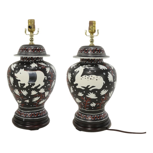 Vintage Brunschwig & Fils Table Lamp - Black and Cream Ceramic With Boar and Deer Motif - a Pair For Sale