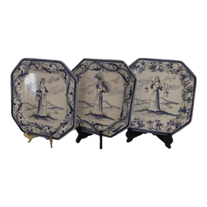 Vietri Italian Pottery Octagonal Hand-Painted Blue White Wall Plates, Italian Country Girls - Set of 3
