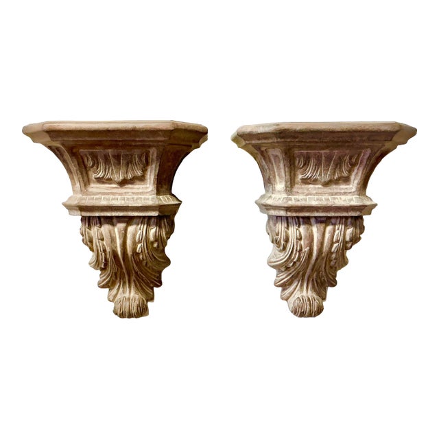 Mid-Century Hollywood Regency Classic Roman Faux Concrete Wall Brackets - A Pair For Sale