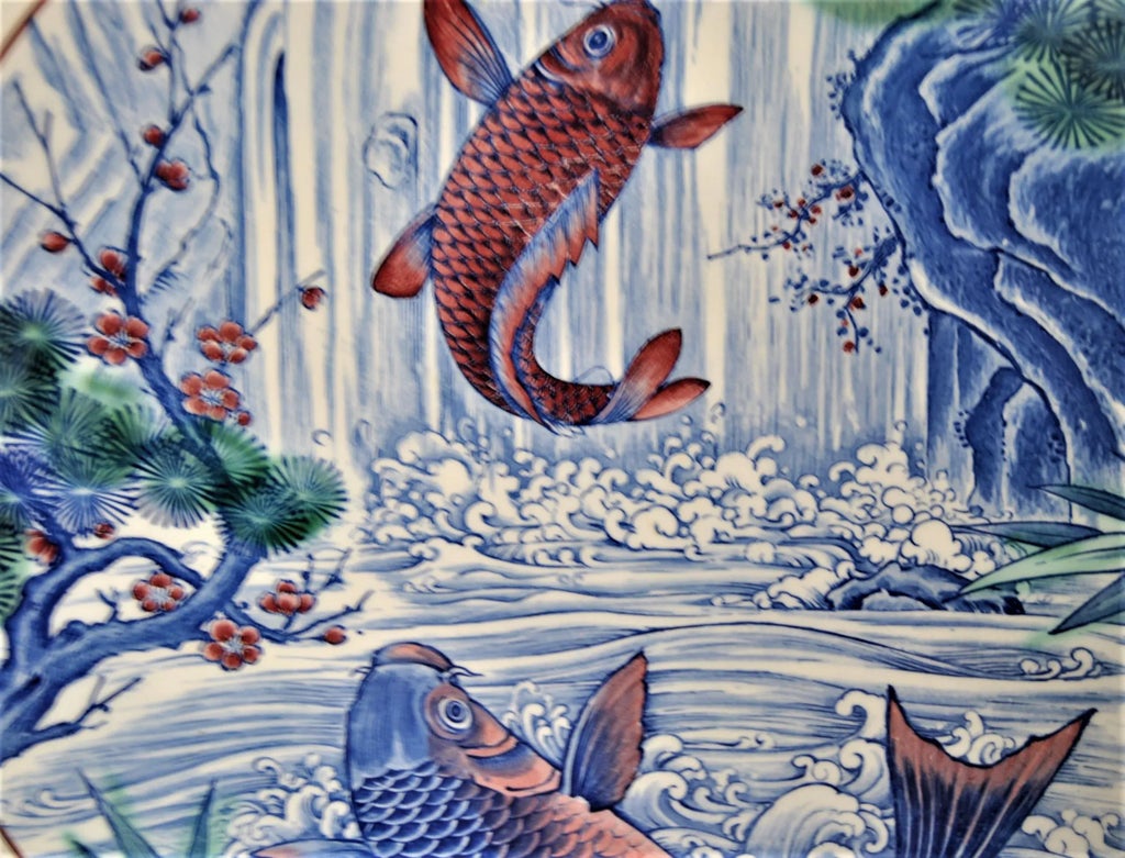 Japanese Platter Mino-Yaki Koi Fish Hand-Painted Decorative Large