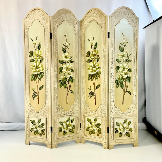 1980s 1980s Vintage Boho Chic Hollywood Regency Coastal Hand Painted Magnolia Room Divider Screen For Sale - Image 5 of 12