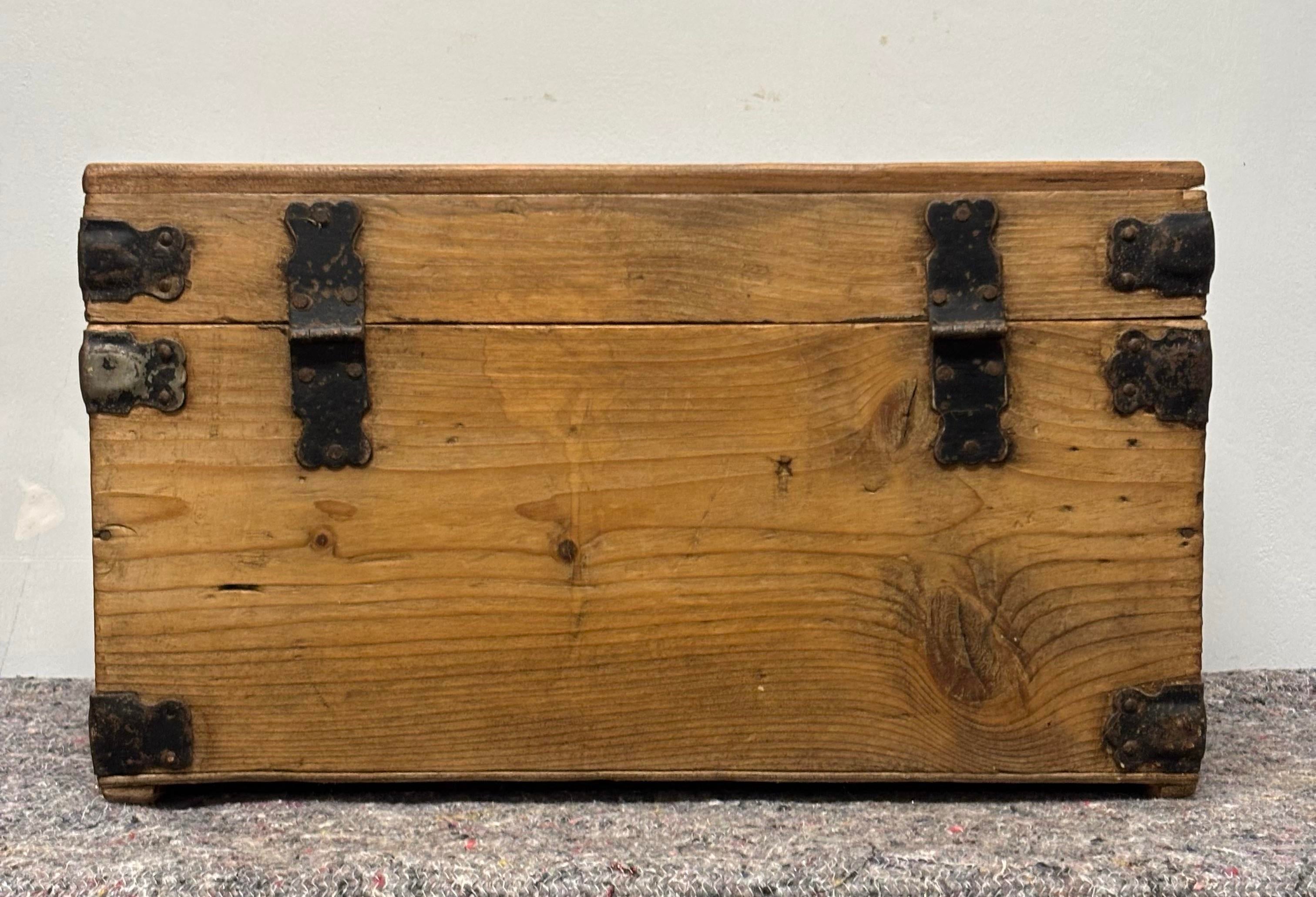19th Century English Pine Box With Metal Straps | Chairish
