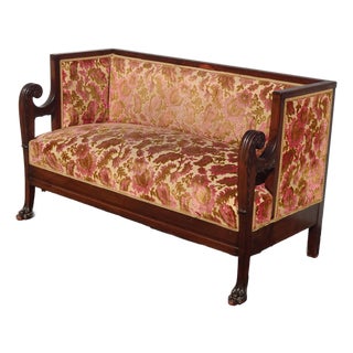 Antique French Country Biedemeier Settee Sofa W Burgunday Floral Velvet For Sale
