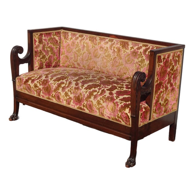 Antique French Country Biedemeier Settee Sofa W Burgunday Floral Velvet For Sale