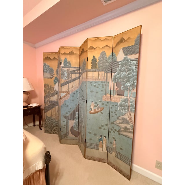 Antique Six Panel Watercolor Floor Screen For Sale - Image 4 of 15