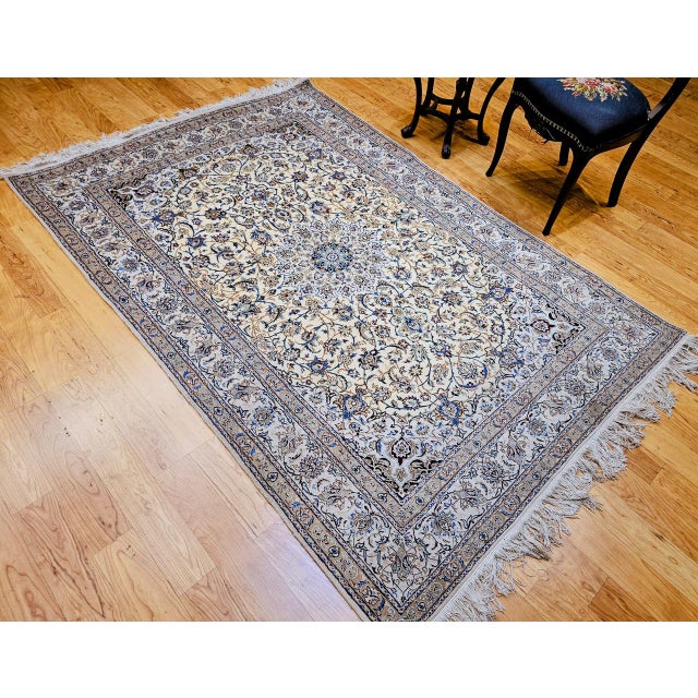 Vintage Persian Nain Area Rug, Hand-Knotted Wool & Silk, Floral Pattern, 5x7, Ivory & Blue For Sale In Chicago - Image 6 of 16
