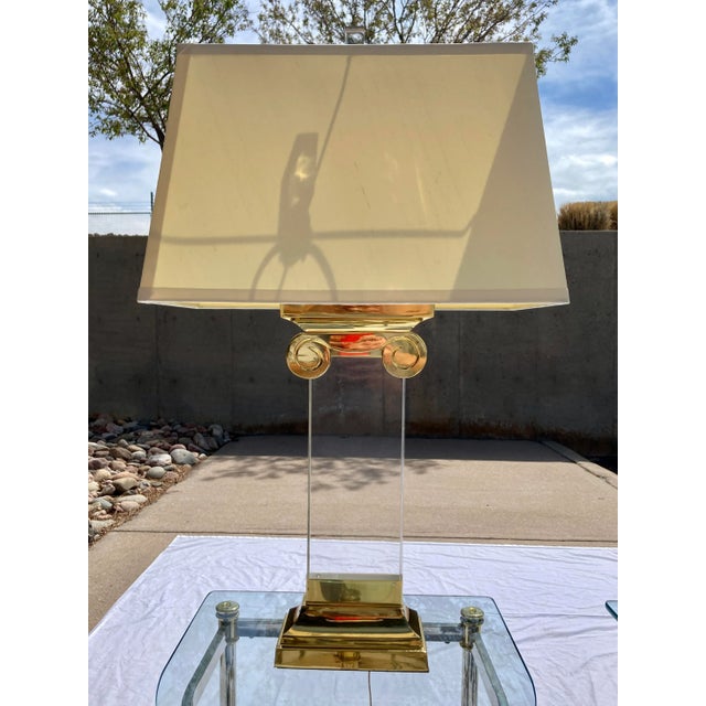Lucite & Brass Ionic Column Table Lamps - a Pair For Sale - Image 12 of 13