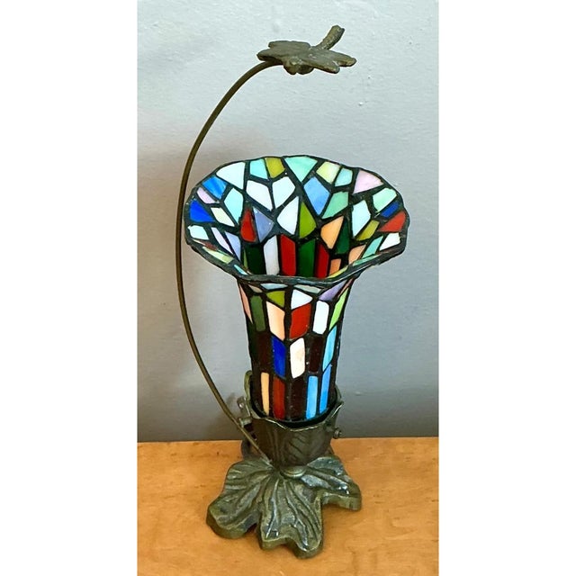 Metal Vintage Stained Glass and Metal Table Lamp For Sale - Image 7 of 12