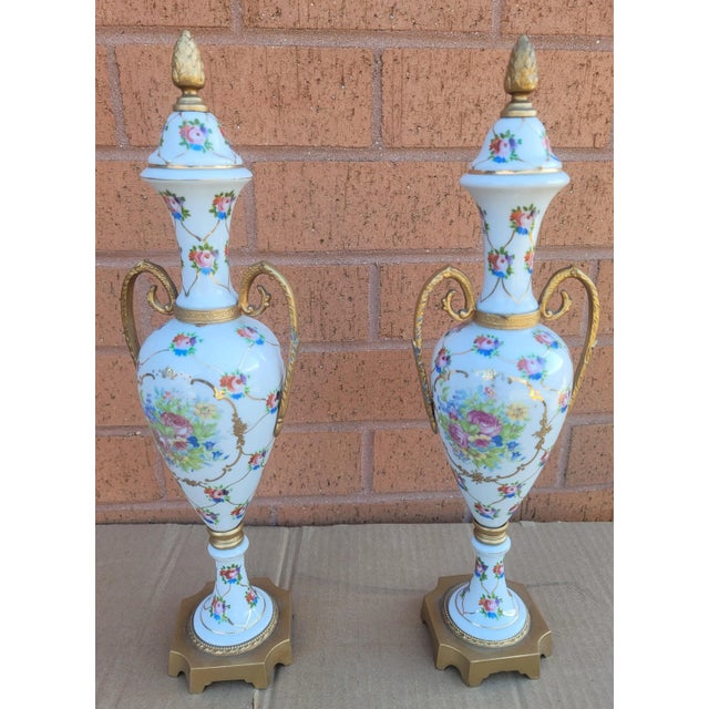 French Pair of French Hand-Painted Porcelain and Gilt Metal Amphoras For Sale - Image 3 of 8