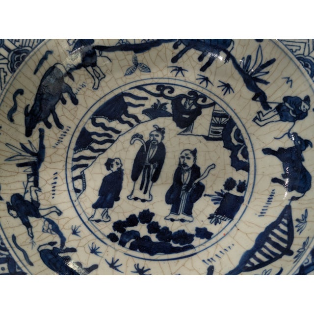 Antique Chinese Blue & White Porcelain Bowl With Rare Coral Glaze Exterior – Qing Dynasty Scholar Motif – Late 19th Century For Sale - Image 14 of 14