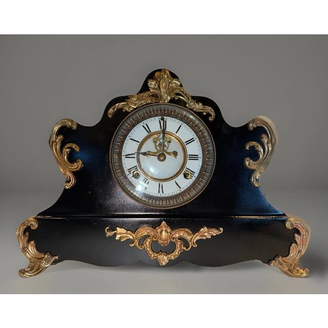 Victorian Antique Waterbury Black Mantel Clock “Werra” Model With Open Escapement For Sale - Image 3 of 10