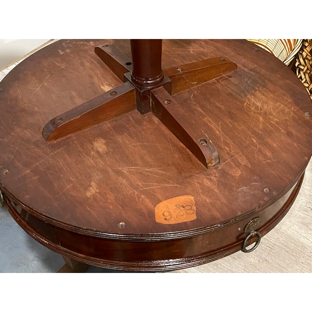 Mahogany Drum Pedestal Table (4 claw feet) with single drawer with Mingh & Eisenbrey, Baltimore, MD plate.