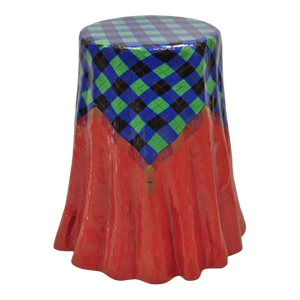 Vintage Paper Mache Red Blue Green Tartan Painted "Tablecloth" Drape Side Table