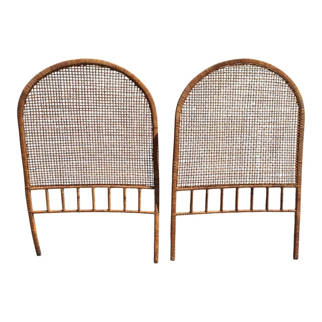 Pair Mid Century Modern Arched Twin Rattan and Cane Headboards For Sale