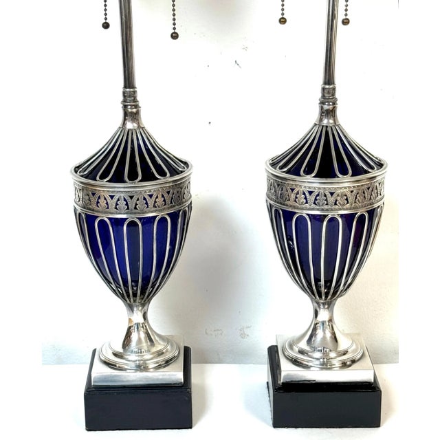 Pair Antique Sheffield Plate & Cobalt Glass Anthemion Motif Urns, Now as Lamps For Sale In West Palm - Image 6 of 12