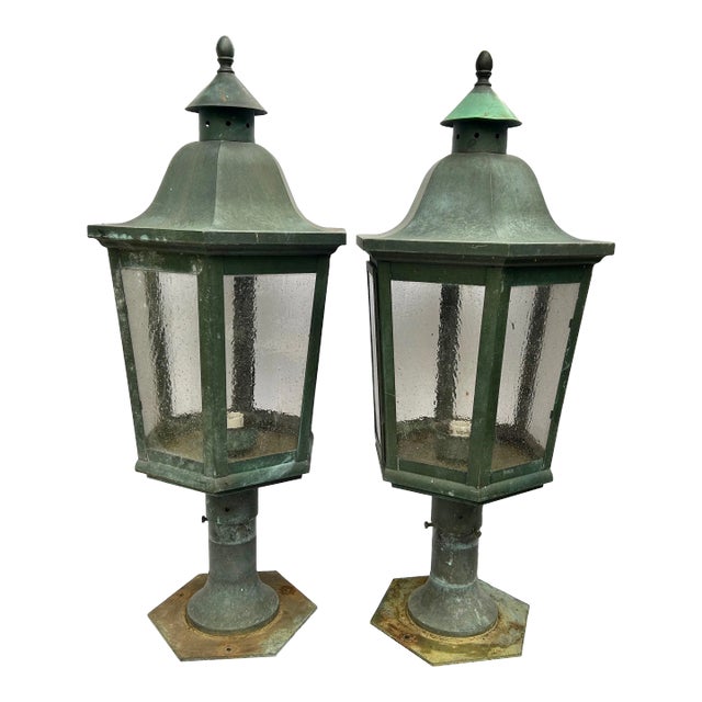 Vintage 1950s Outdoor Copper Post Lanterns - a Pair For Sale