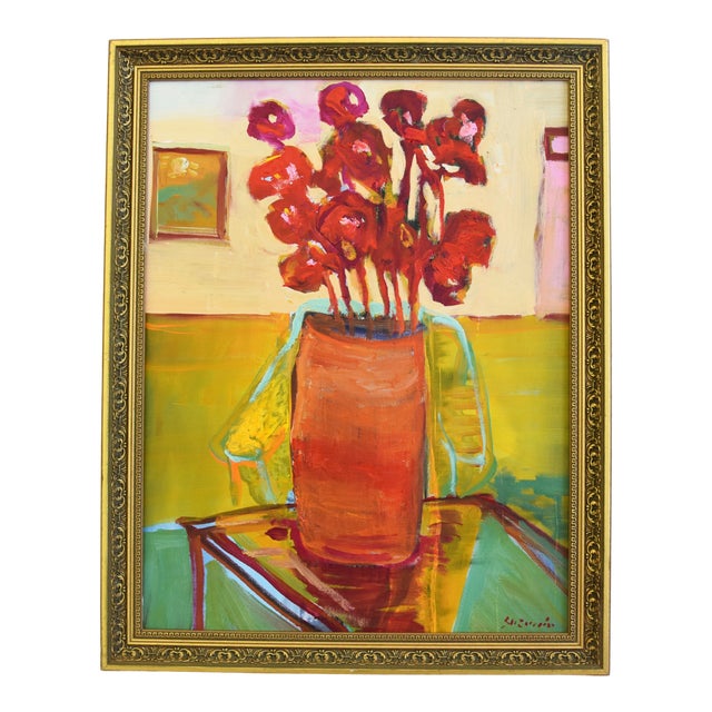 Original Juan Pepe Guzman Floral W/Red Flowers Oil Painting For Sale