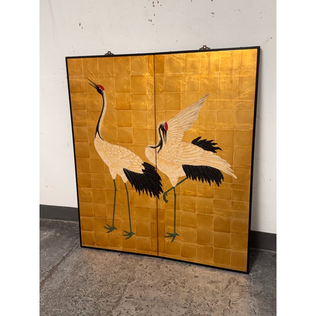 Chinese Late 20th Century Chinese Two-Panel Screen With Cranes For Sale - Image 3 of 11