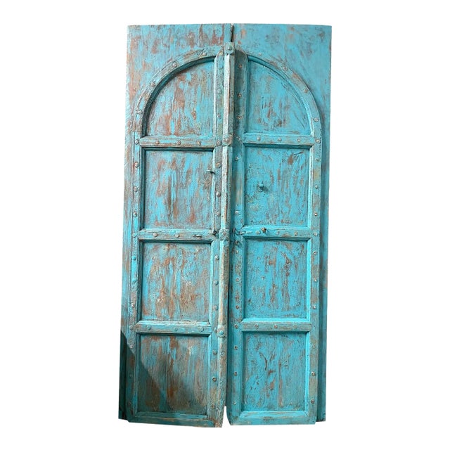 Antique Turquoise Indian Arched Mehrab Painted Teak Wood Doors 87 For Sale