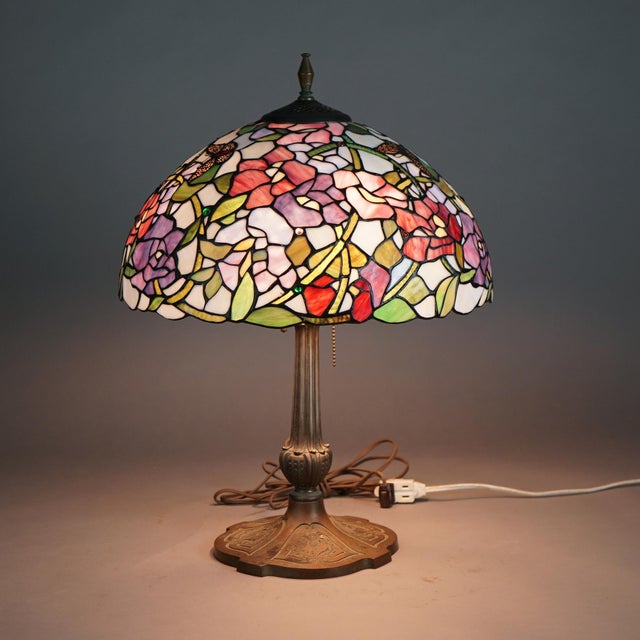 Metal Vintage Tiffany Style Stained Glass Table Lamp with Flower & Butterfly Pattern For Sale - Image 7 of 12