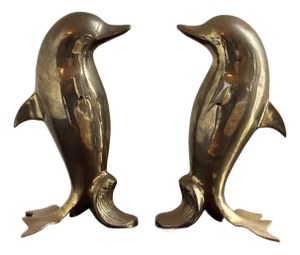 Large Mid-20th Century Brass Dolphin Sculptural Figures — A Pair