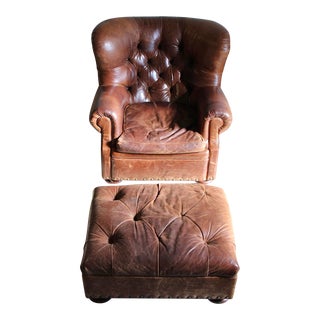 Ralph Lauren Distressed Leather Writer's Chair & Ottoman For Sale