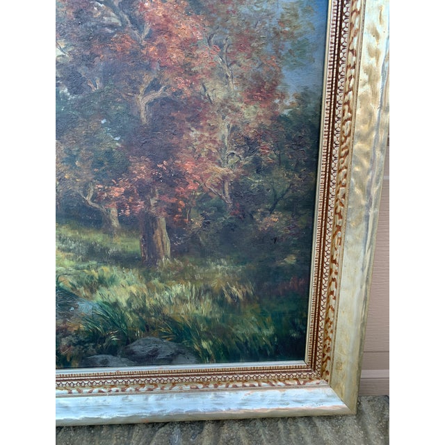 Wood Antique Hand Painted Framed Oil on Canvas Landscape Painting, Early 20th Century For Sale - Image 7 of 10