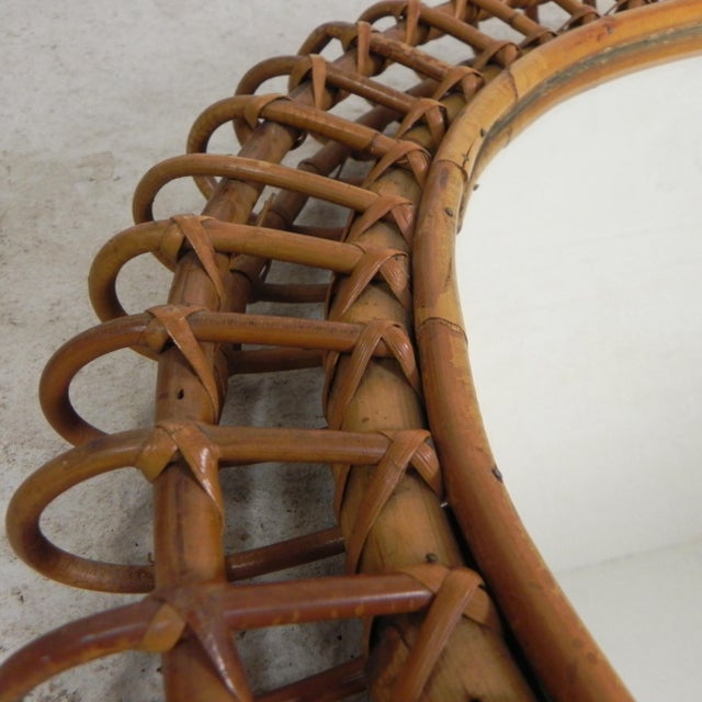 Wood Vintage Round Mirror with Bamboo Edge in the style of Franco Albini, 1950s For Sale - Image 7 of 11