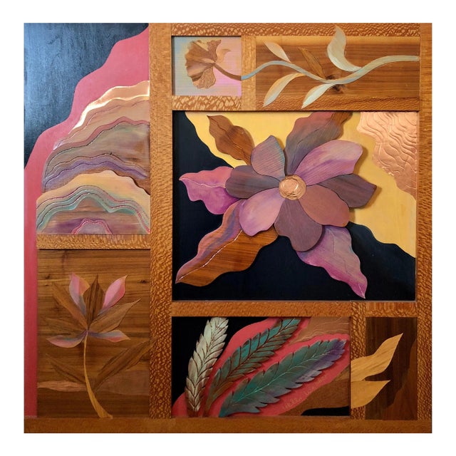 Helen Weber, 1970s Large Wood, Copper Inlay Sculpture Wall Relief Tropical Flowers Motif, c.1970s For Sale