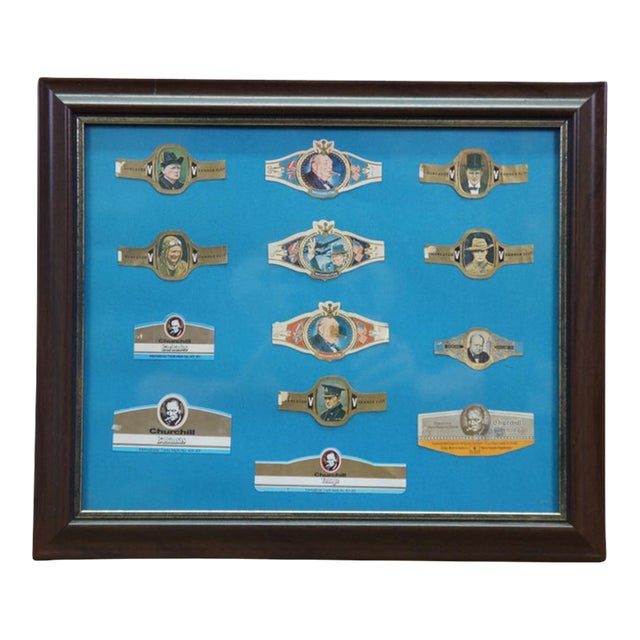 Mid 20th Century Winston Churchill Framed Tobacco Advertising Cigar Band Smoking Ephemera 13" For Sale