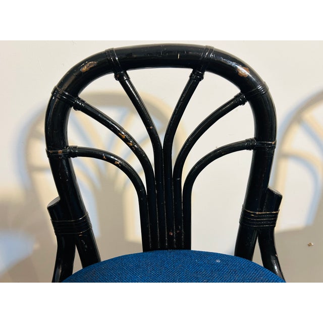 Mid-Century Modern 1970s Vintage Rattan Counter Stools Trio Blue Seats Fan Back For Sale - Image 3 of 12
