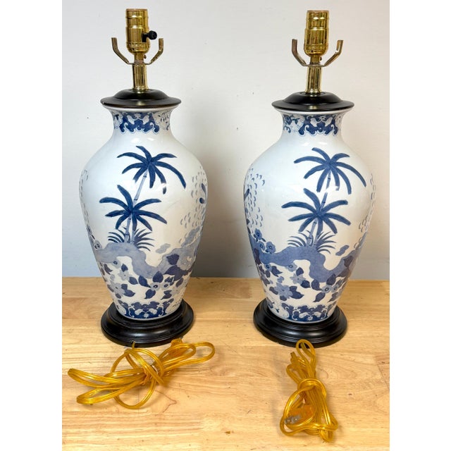 Late 20th Century Pair Chinese Canton Style Blue and White Palm Tree Porcelain Vases, Now as Lamps For Sale - Image 5 of 10