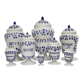 1950s Collection of 8 Hand Painted French Apothecary Jars With Lids For Sale