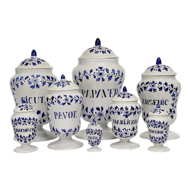 1950s Collection of 8 Hand Painted French Apothecary Jars With Lids For Sale