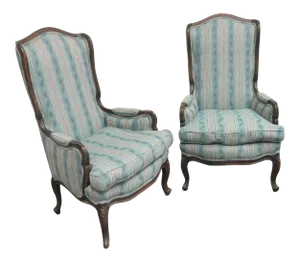 Louis XV Style Walnut High Back Wing Chairs- a Pair