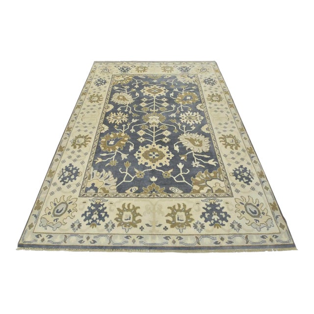 Oushak Rug 9′ X 12’2” Blue Wool Traditional Hand-Knotted Oriental Carpet For Sale
