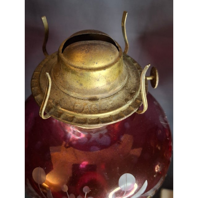 Ruby Red Pair Antique Bohemian Cranberry Cut-to-Clear Kerosene Lamps Marble Base P&a Eagle For Sale - Image 8 of 15