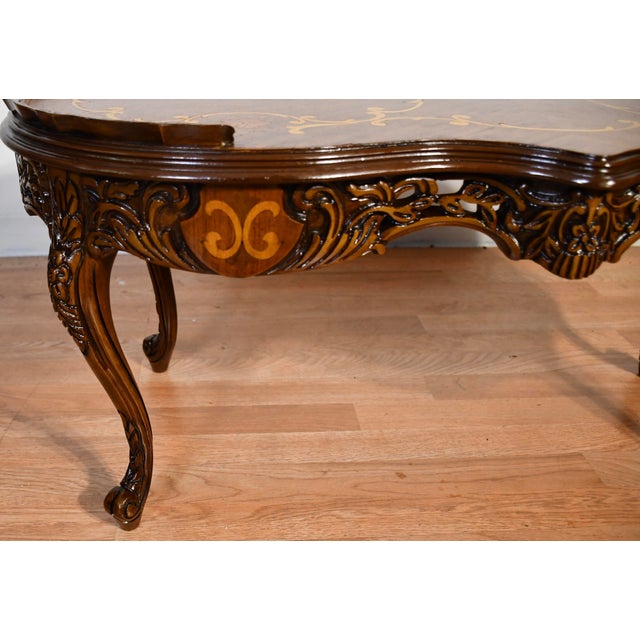 1920s Antique French Louis XV Walnut & Satinwood Inlay Coffee and End Tables Set For Sale - Image 17 of 17