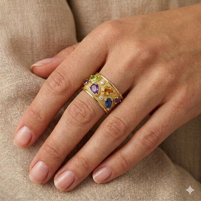 Italian 14k Ring set with multi color gemstones. 7.73 grams, Size 7