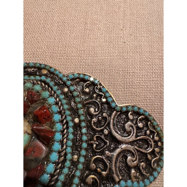Metal Vintage Heavy Brass Buckle With Turquoise & Inset Stones, Used -Great Shape For Sale - Image 7 of 12