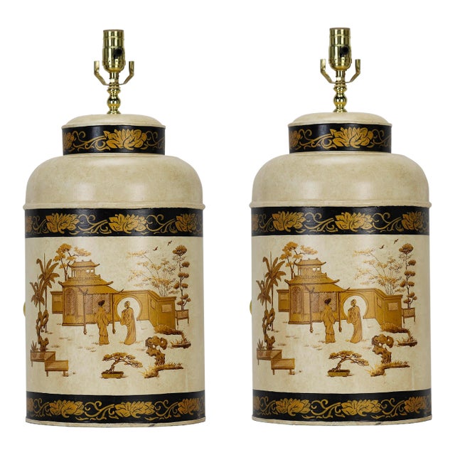 A Pair English Export Hexagonal Tea Caddy Hand-Painted Chinoiserie Landscape Table Lamp For Sale