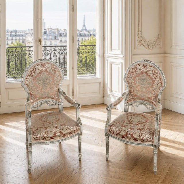 French Pair Antique French Louis XVI Painted Armchairs ~ Fauteuils For Sale - Image 3 of 15