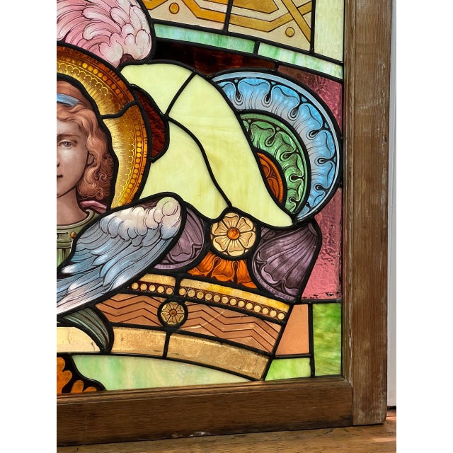 Wood 19th Century Stained Glass Window With Painted Angel Portrait in Original Frame For Sale - Image 7 of 17