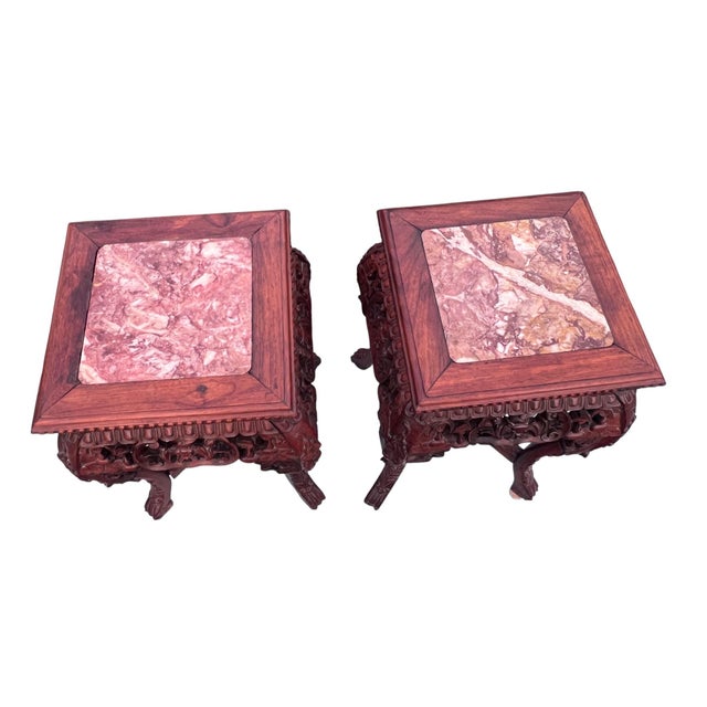 Chinese Antique Carved Asian Marble Top Chinese Stands a Pair For Sale - Image 3 of 12