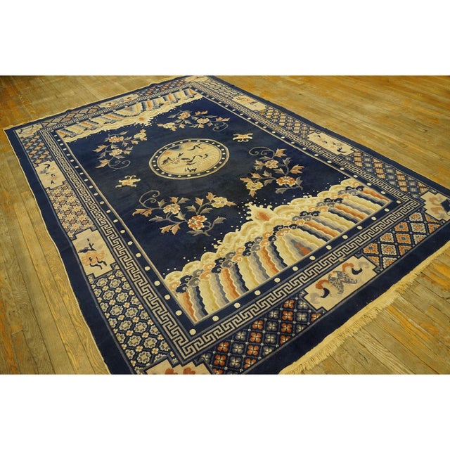Textile 1920s Navy Blue Birds Medallion Antique Chinese Peking Carpet Knotted Wool Rug For Sale - Image 7 of 11