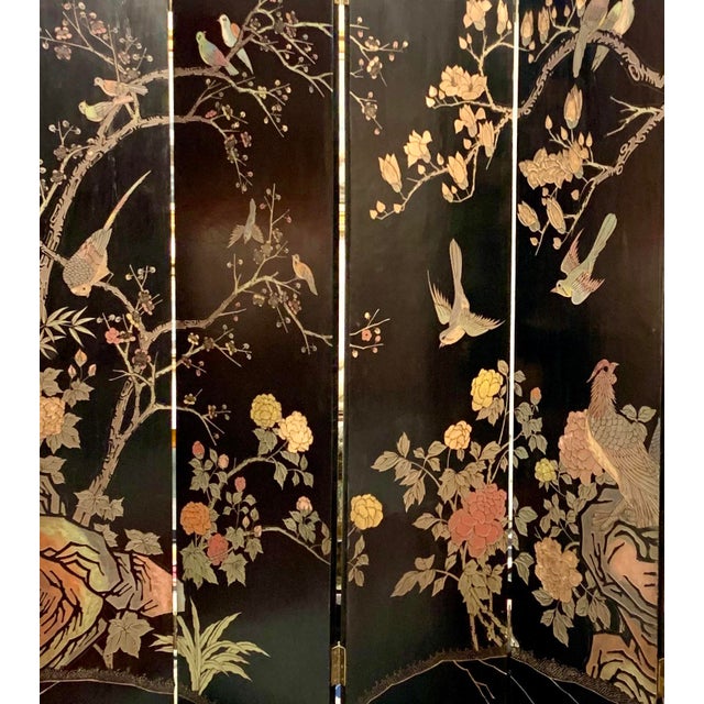 Chinese 6 Panel Carved Black Lacquered Coromandel Screen Room Divider