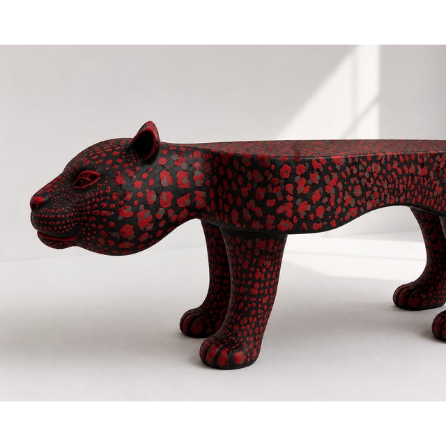 Wood Handmade Sculptural Leopard Bench,Red & Black Design For Sale - Image 7 of 7