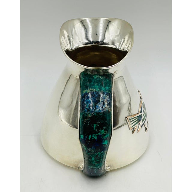1960s Los Castillo Taxco Malachite & Silver Plate Bird Pitcher For Sale - Image 9 of 15