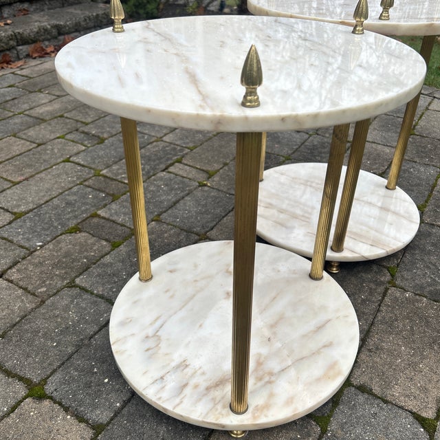 Late 20th Century Pair 2 Tier Marble Top Brass Side Tables For Sale In New York - Image 6 of 9
